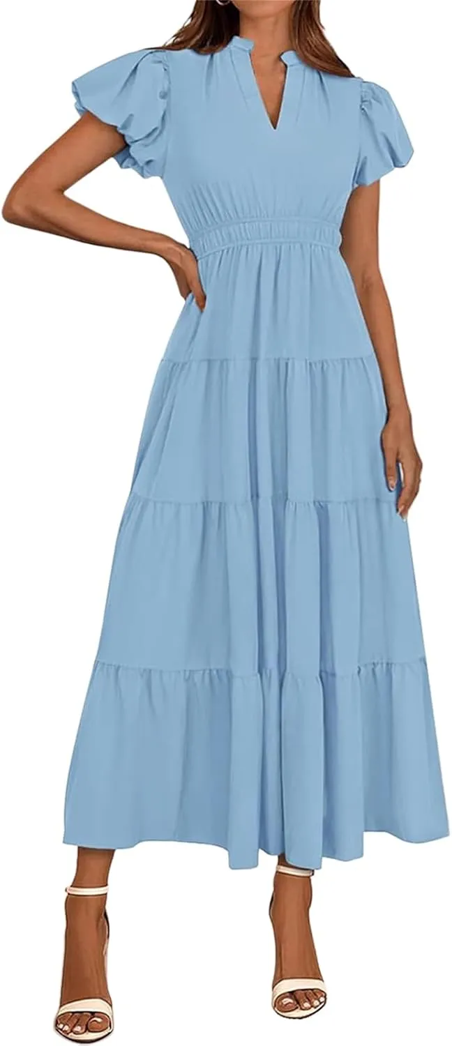 Midi Dresses for Women Casual Summer Maxi Dress Long V Neck A Line Dress Short Sleeve Boho Beach Sundress Pockets