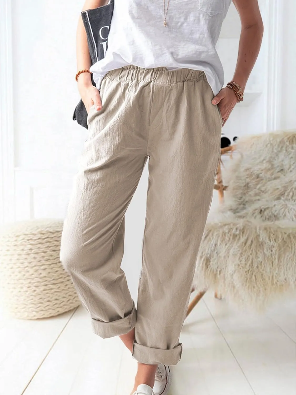 Mmoneyake Women's Cotton Linen Straight Leg Pants Casual Elastic Waist Pants Yoga Trousers Slacks Work Pants with Pockets