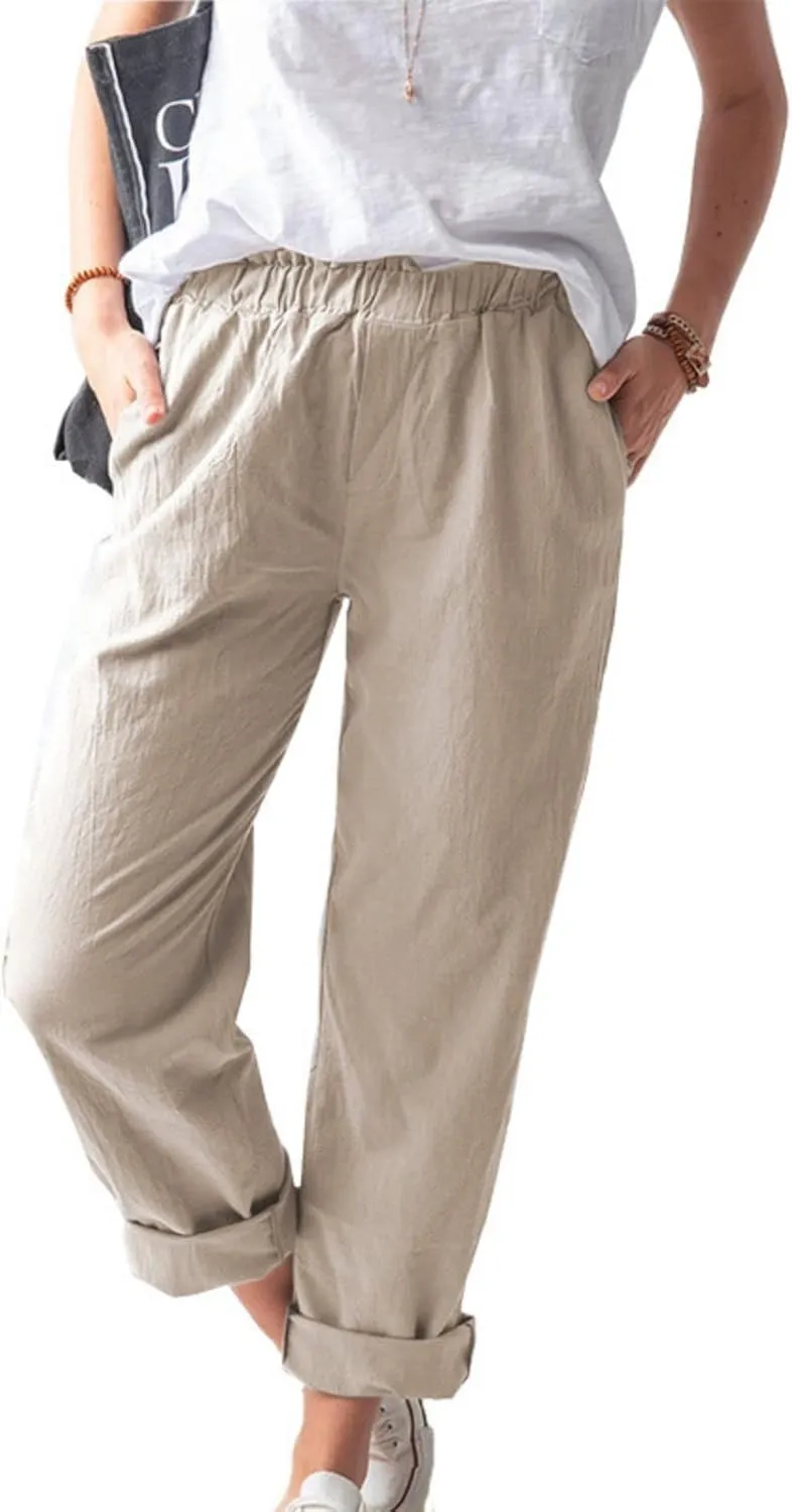 Mmoneyake Women's Cotton Linen Straight Leg Pants Casual Elastic Waist Pants Yoga Trousers Slacks Work Pants with Pockets