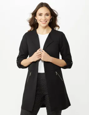 Open Front Cardigan Jacket with Zip Pkts and Roll Sleeve