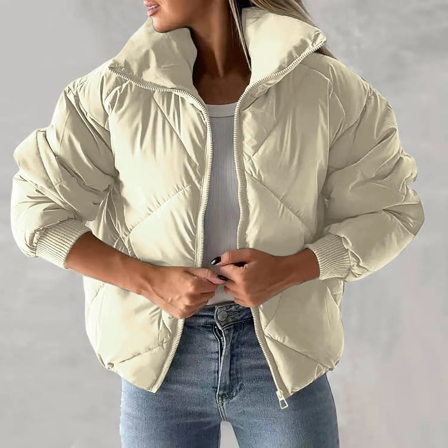 Puffer Jacket Womens Quilted Jacket Warm Comfy Zip Up Jacket Trendy Lapel Down Jacket Padded Outerwear Coats