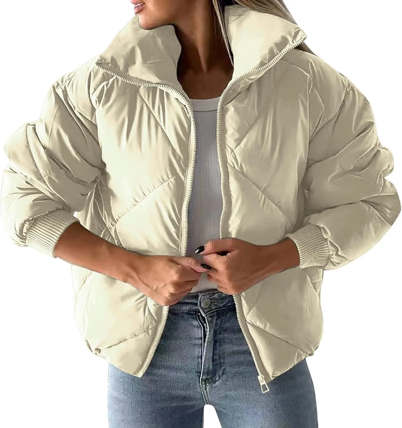 Puffer Jacket Womens Quilted Jacket Warm Comfy Zip Up Jacket Trendy Lapel Down Jacket Padded Outerwear Coats