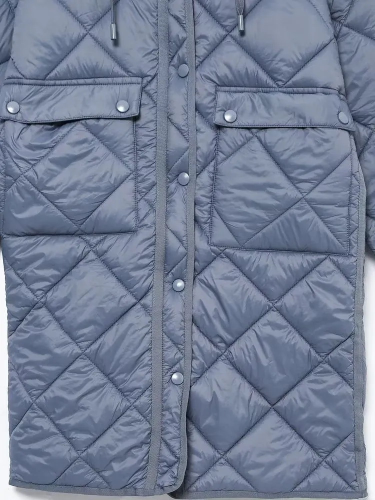Quilted 3/4 Length Hooded Coat