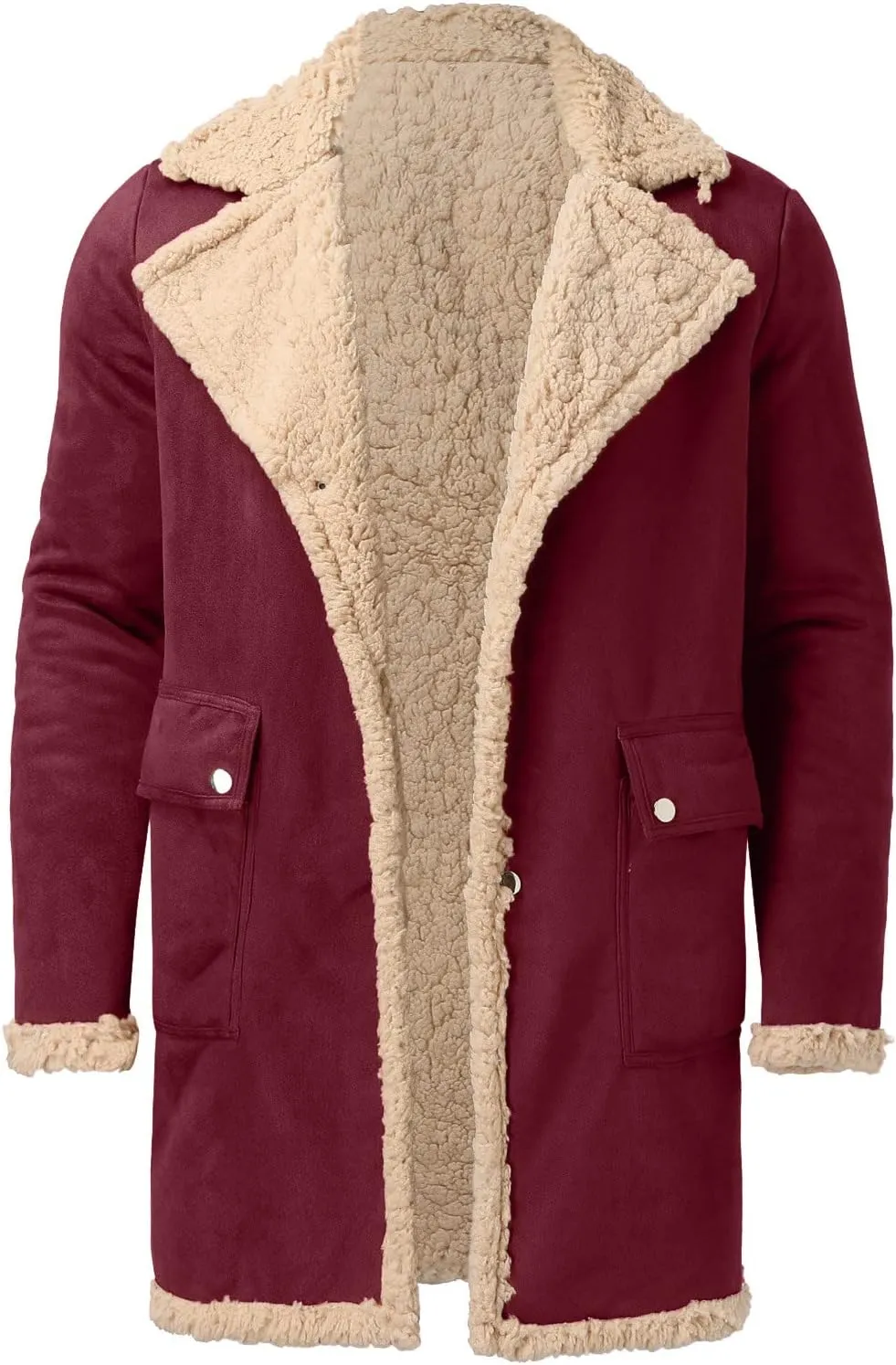 QWENTMTNTY Mens Faux Shearling Sherpa Jacket Heavyweight Winter Faux Sheepskin Long Trench Coat Casual Thicken Outerwear