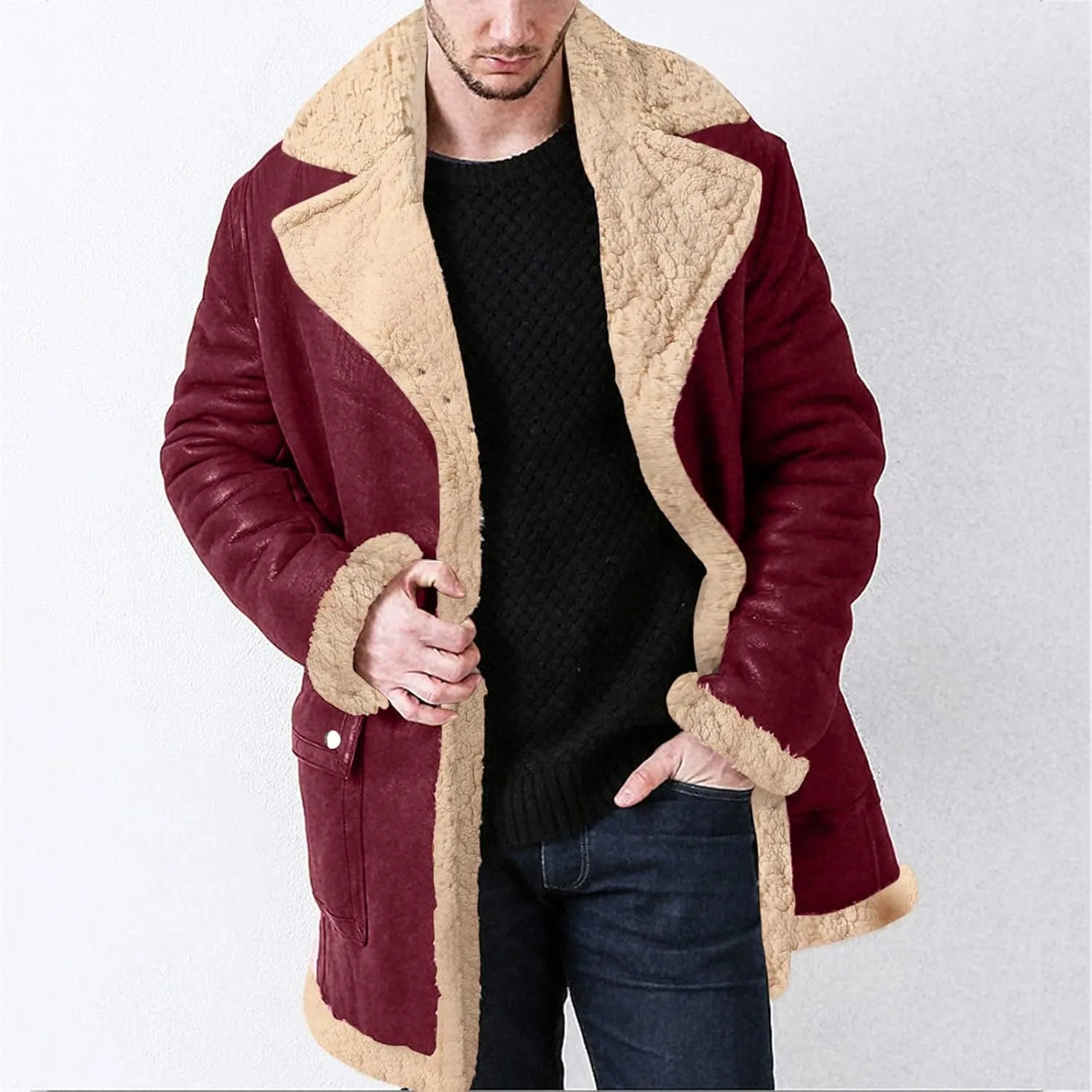 QWENTMTNTY Mens Faux Shearling Sherpa Jacket Heavyweight Winter Faux Sheepskin Long Trench Coat Casual Thicken Outerwear