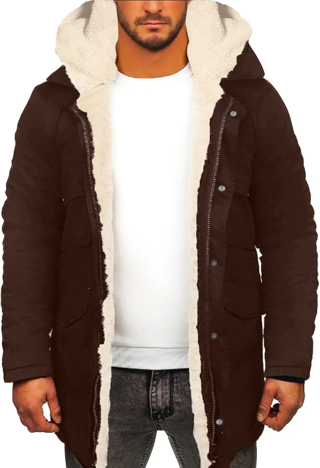 QWENTMTNTY Men’S Faux Suede Leather Shearling Coat Faux Fur Lined Hooded Winter Jackets Warm Thicken Overcoat Windbreaker