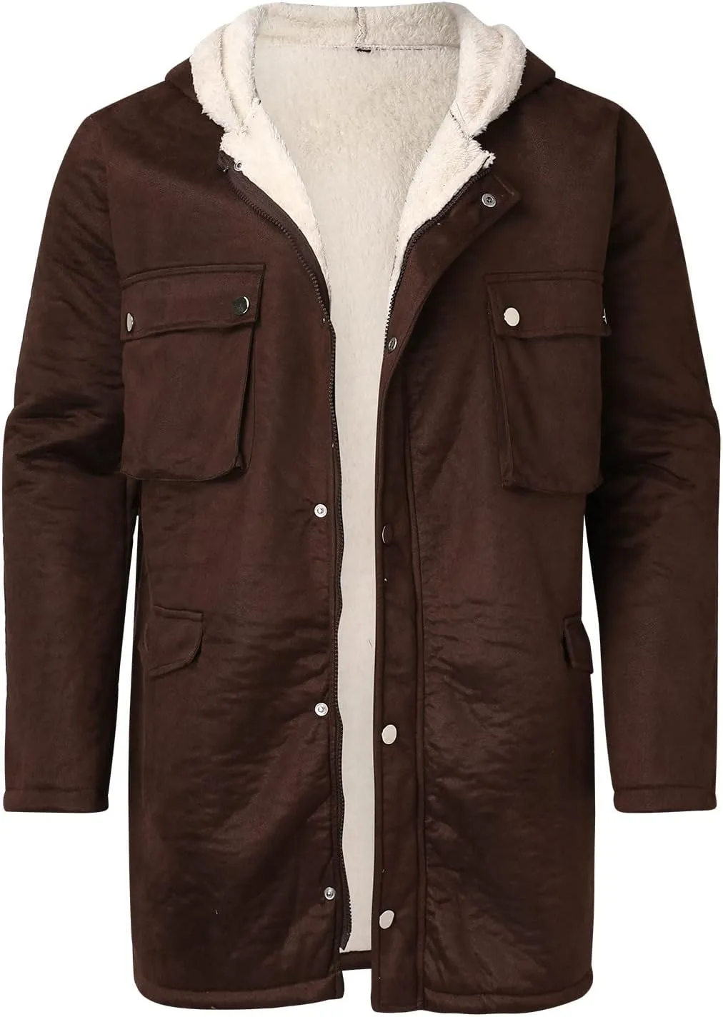QWENTMTNTY Men’S Faux Suede Leather Shearling Coat Faux Fur Lined Hooded Winter Jackets Warm Thicken Overcoat Windbreaker