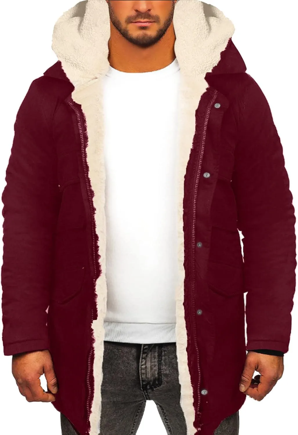 QWENTMTNTY Men’S Faux Suede Leather Shearling Coat Faux Fur Lined Hooded Winter Jackets Warm Thicken Overcoat Windbreaker