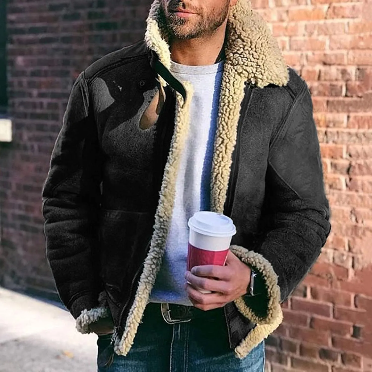 QWENTMTNTY Mens Vintage Heavyweight Faux Suede Sherpa Jacket Faux Shearing Coat Big and Tall Casual Stylish Winter Jackets
