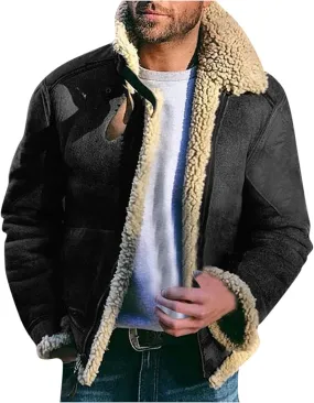 QWENTMTNTY Mens Vintage Heavyweight Faux Suede Sherpa Jacket Faux Shearing Coat Big and Tall Casual Stylish Winter Jackets