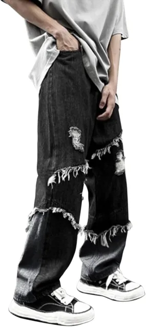 Ripped Jeans Men Skinny Vintage Straight Leg Jeans Loose Fit Skateboard Denim Pants Casual Streetwear