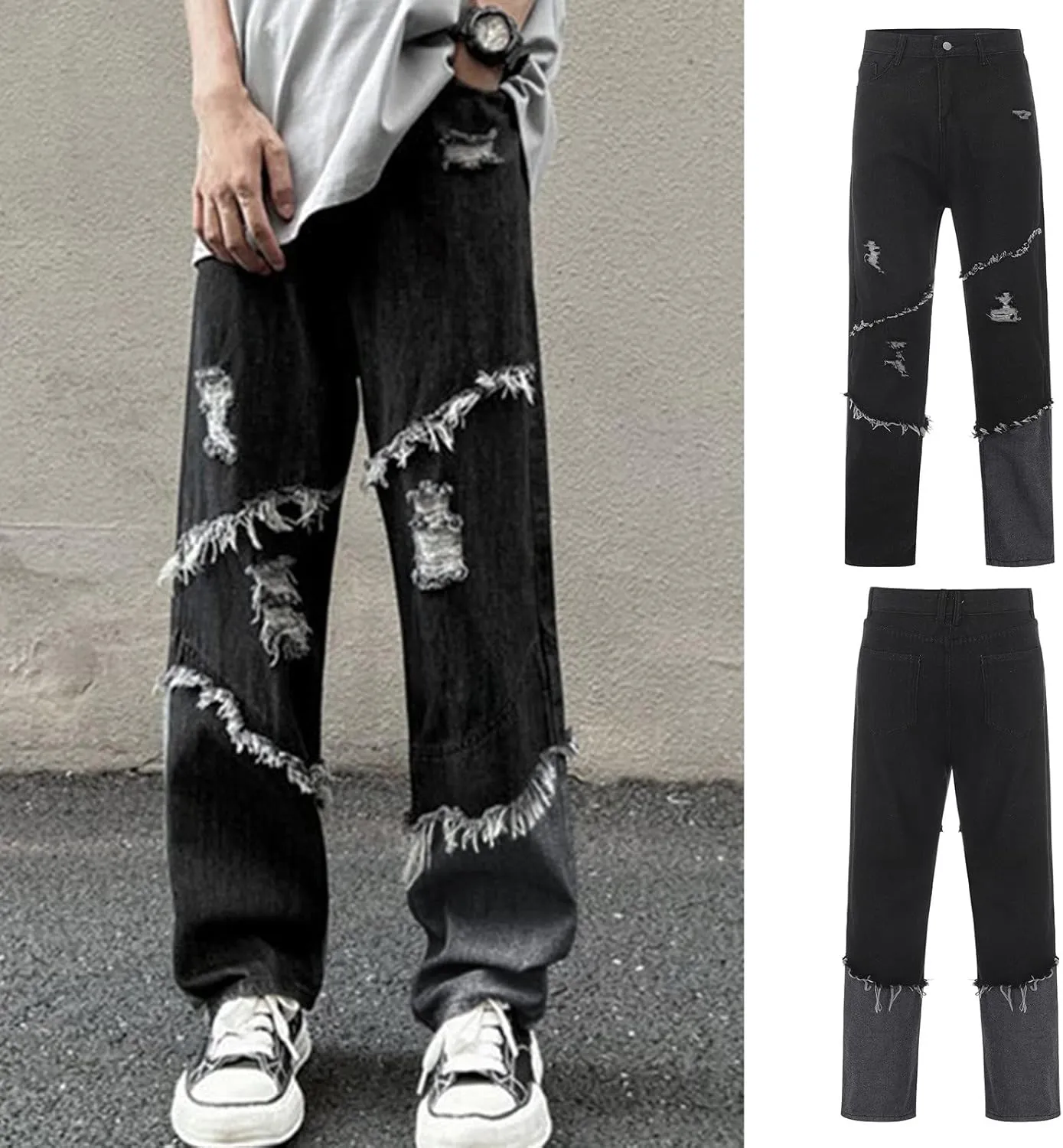 Ripped Jeans Men Skinny Vintage Straight Leg Jeans Loose Fit Skateboard Denim Pants Casual Streetwear