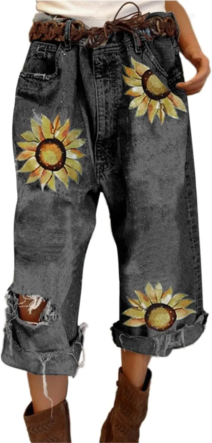 Ripped Jeans Womens Cropped Denim Pants Stretchy Baggy Casual Distressed Frayed Raw Hem Y2k Western Jeans for Women
