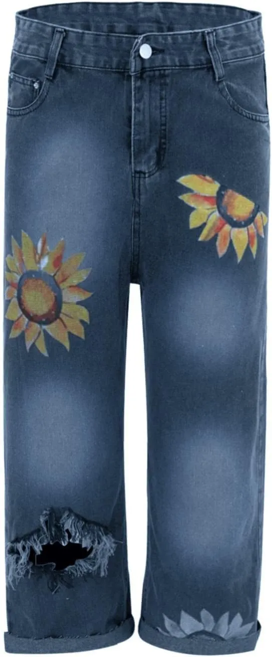 Ripped Jeans Womens Cropped Denim Pants Stretchy Baggy Casual Distressed Frayed Raw Hem Y2k Western Jeans for Women