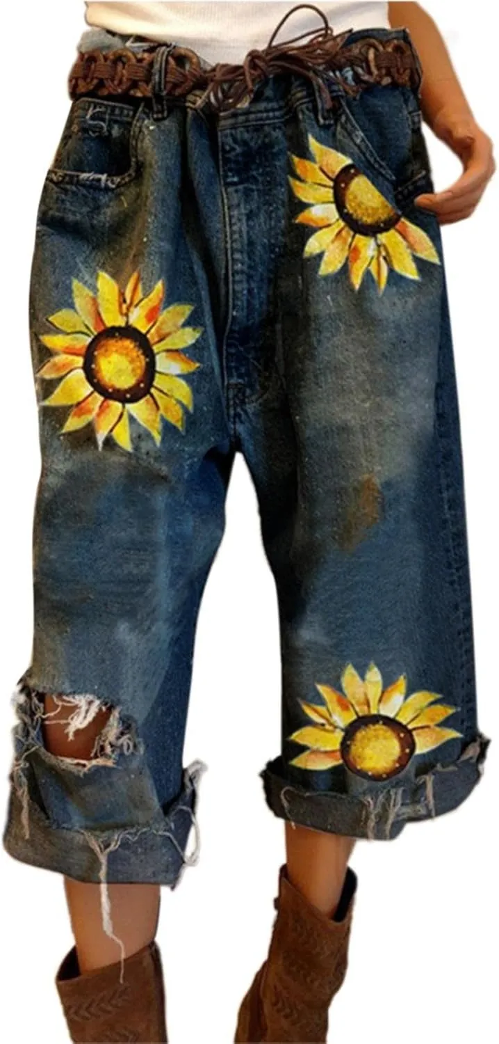 Ripped Jeans Womens Cropped Denim Pants Stretchy Baggy Casual Distressed Frayed Raw Hem Y2k Western Jeans for Women