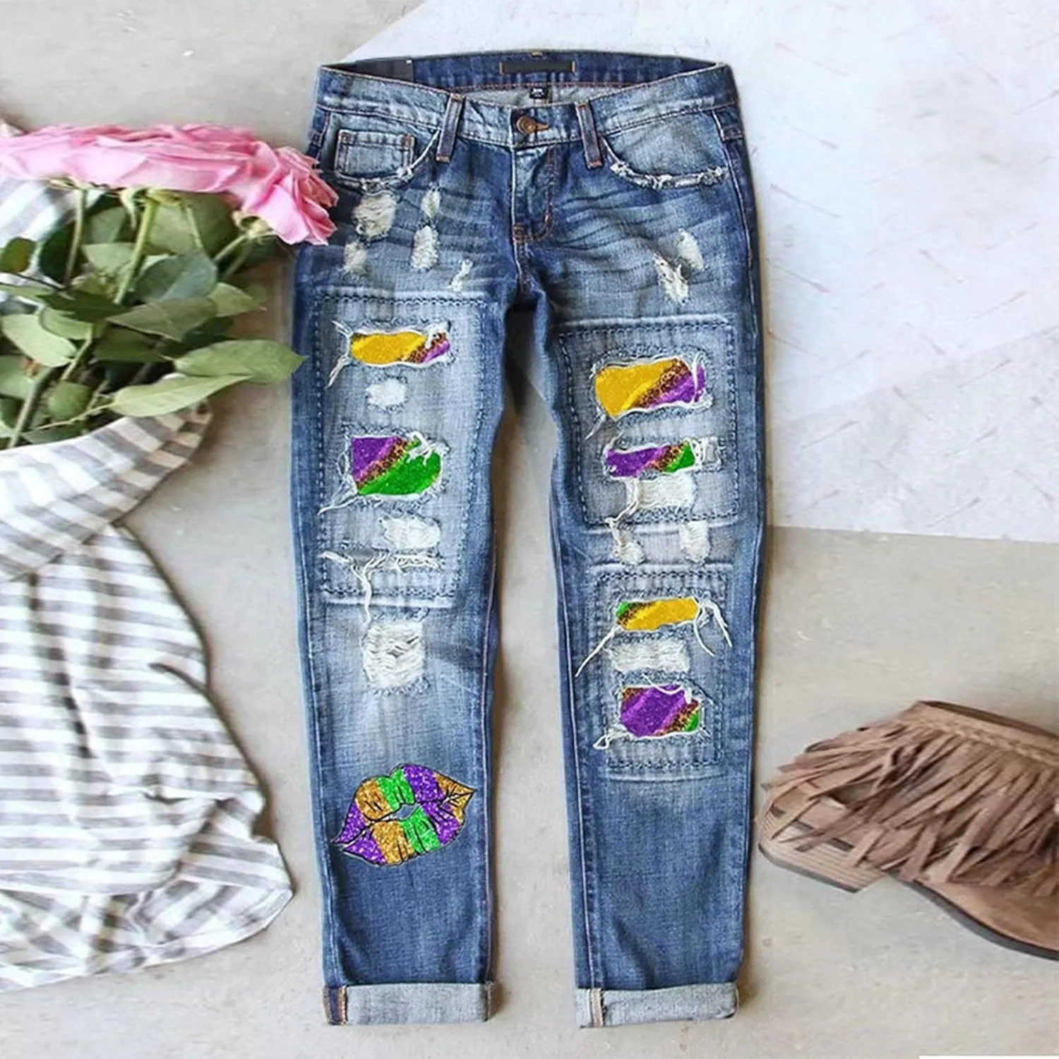 Ripped Jeans Womens Straight Leg Roll-up Denim Pants Classic Distressed Frayed Raw Hem Iron on Patches for Jeans