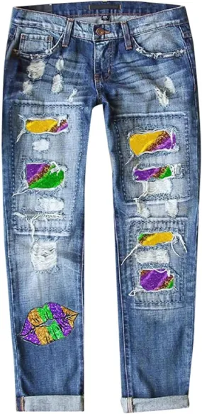 Ripped Jeans Womens Straight Leg Roll-up Denim Pants Classic Distressed Frayed Raw Hem Iron on Patches for Jeans
