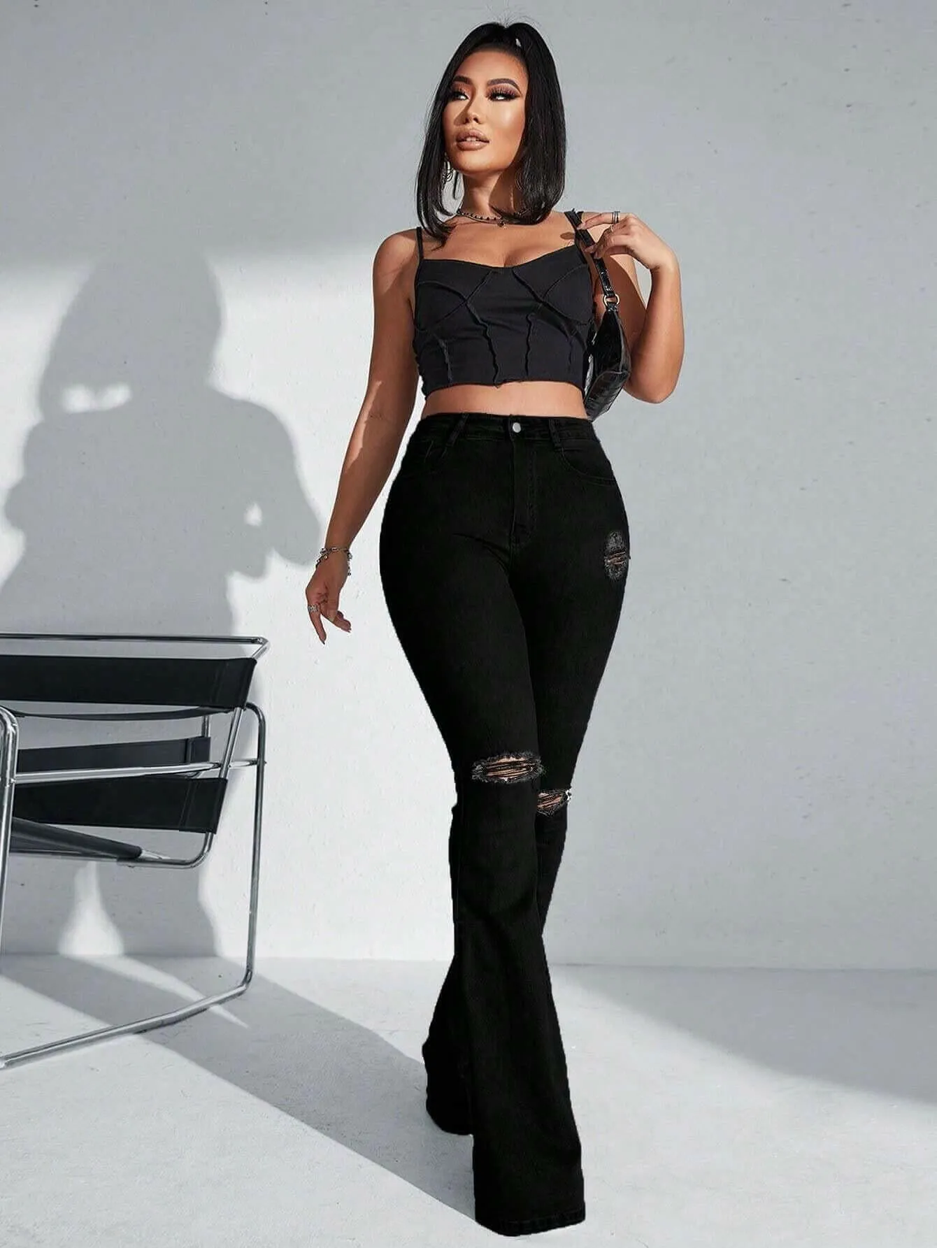SHEIN SXY High Waist Ripped Flare Leg Jeans