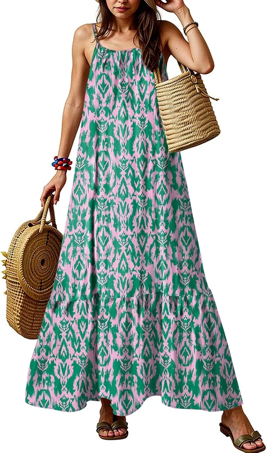 Sleeveless Maxi Dresses for Women 2025 Ruffle Spaghetti Strap Fashion Print Flowy Boho Dress Summer Vacation Dress
