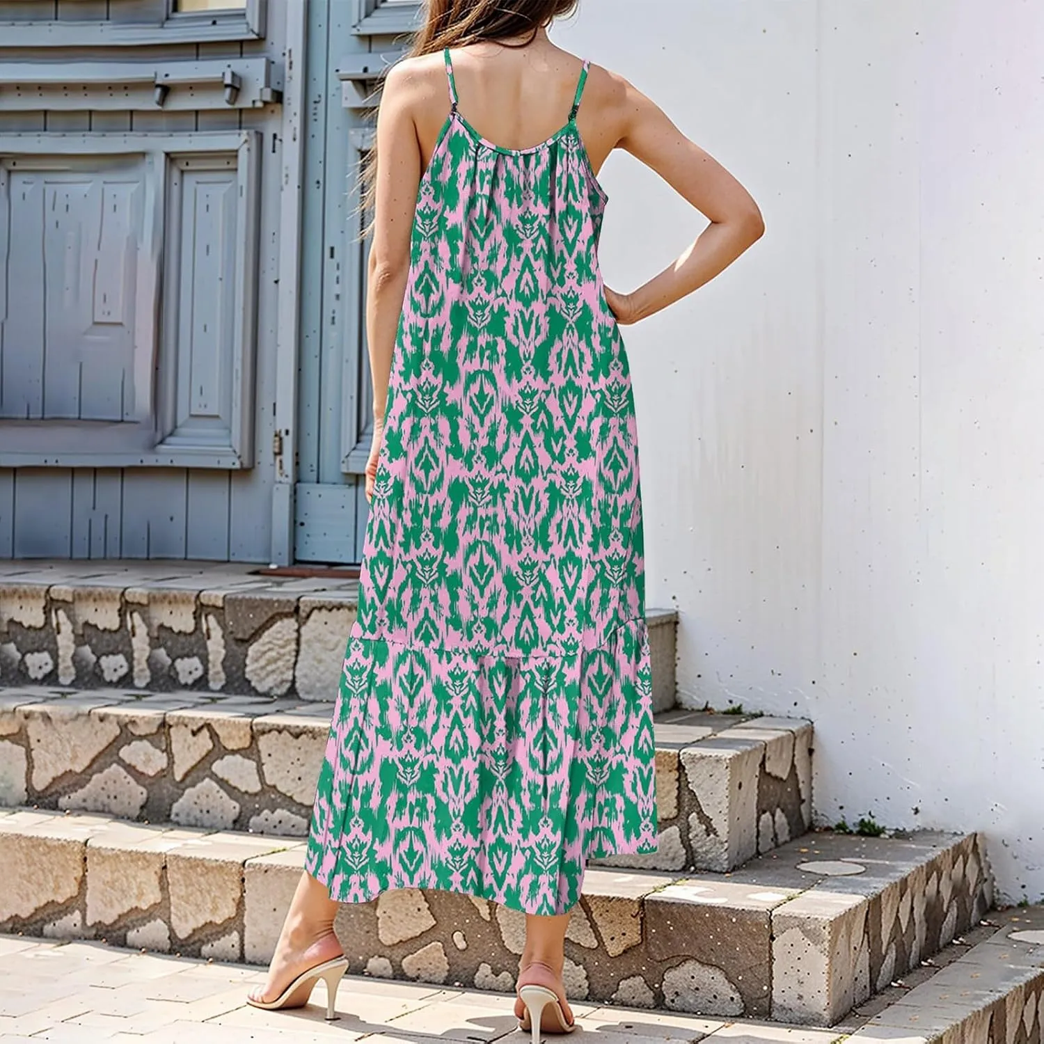 Sleeveless Maxi Dresses for Women 2025 Ruffle Spaghetti Strap Fashion Print Flowy Boho Dress Summer Vacation Dress