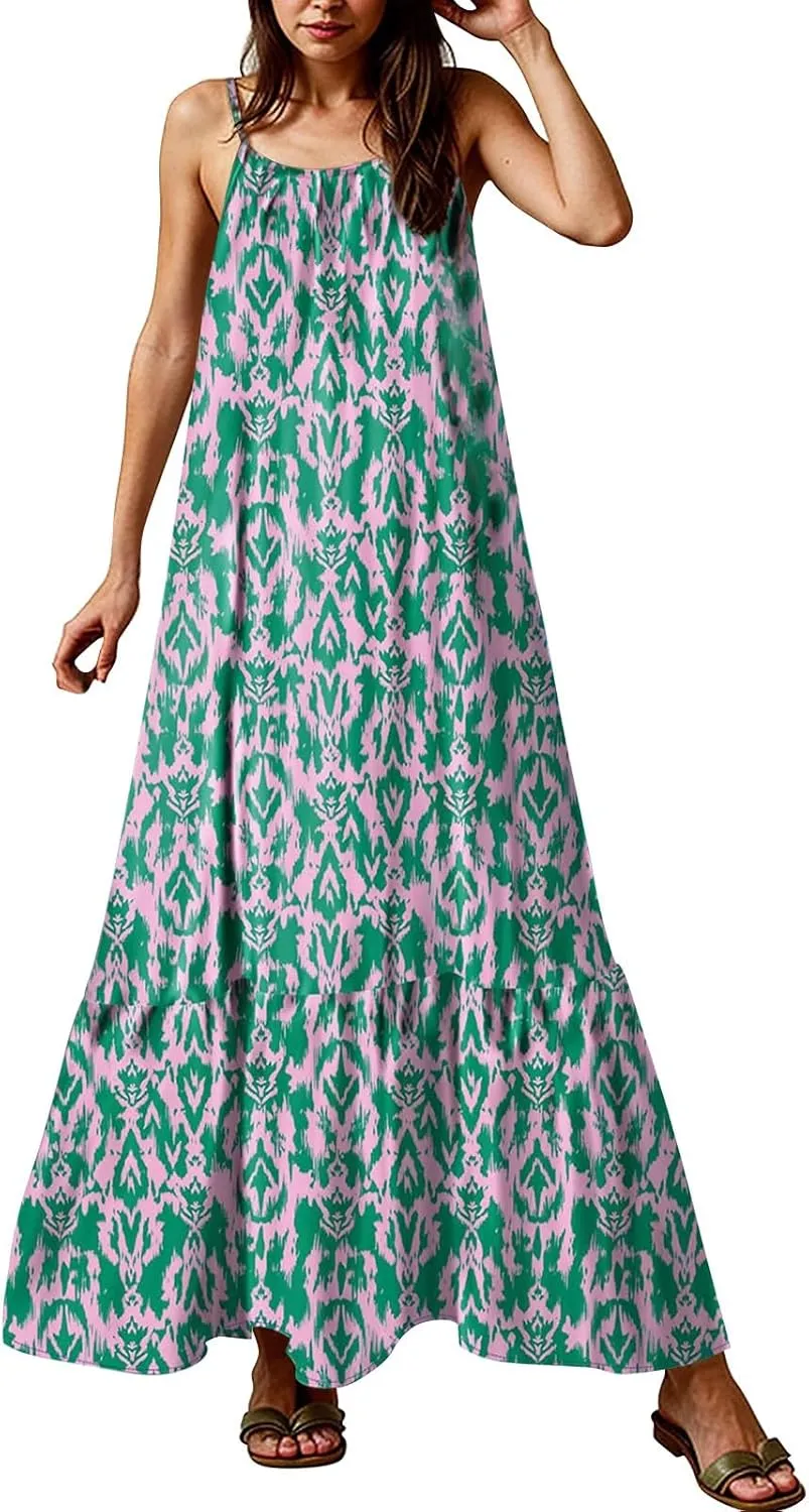Sleeveless Maxi Dresses for Women 2025 Ruffle Spaghetti Strap Fashion Print Flowy Boho Dress Summer Vacation Dress