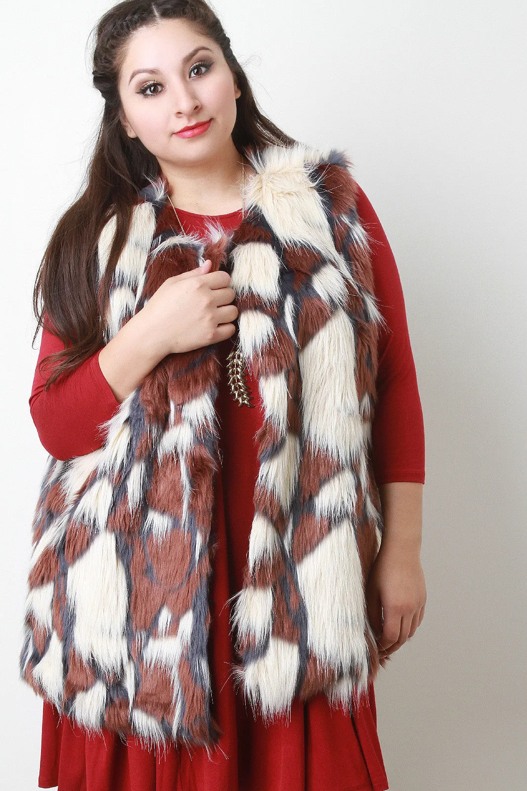 Sleeveless Tri-Tone Long Faux Fur Vest