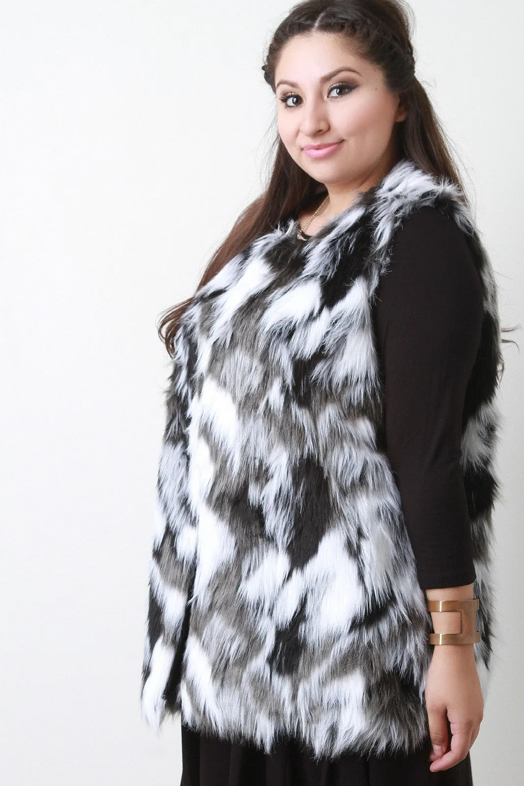 Sleeveless Tri-Tone Long Faux Fur Vest