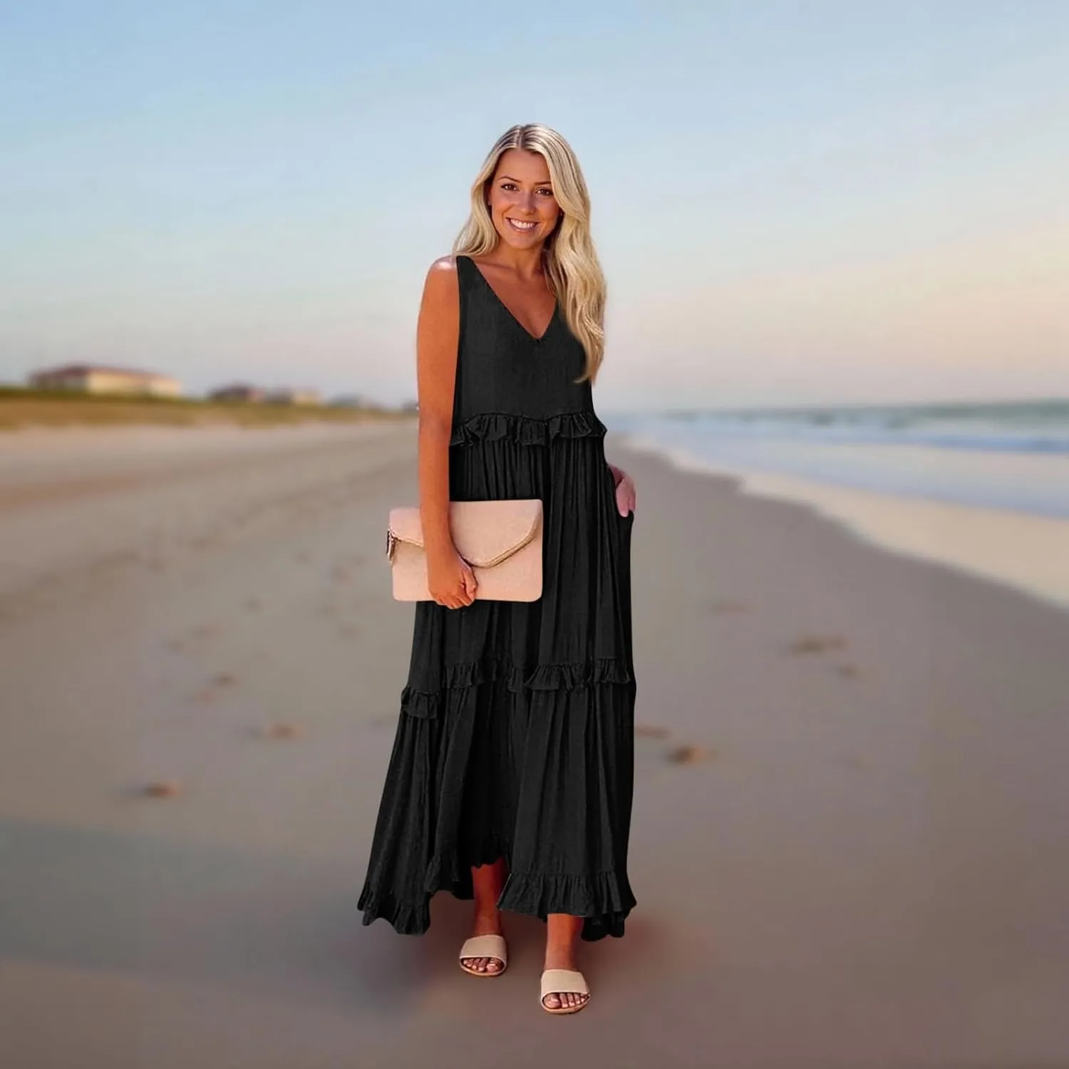 Summer Dresses for Women Casual 2025 V Neck Sleeveless Long Dress Fashion Patchwork Beach Vacation Maxi Dress