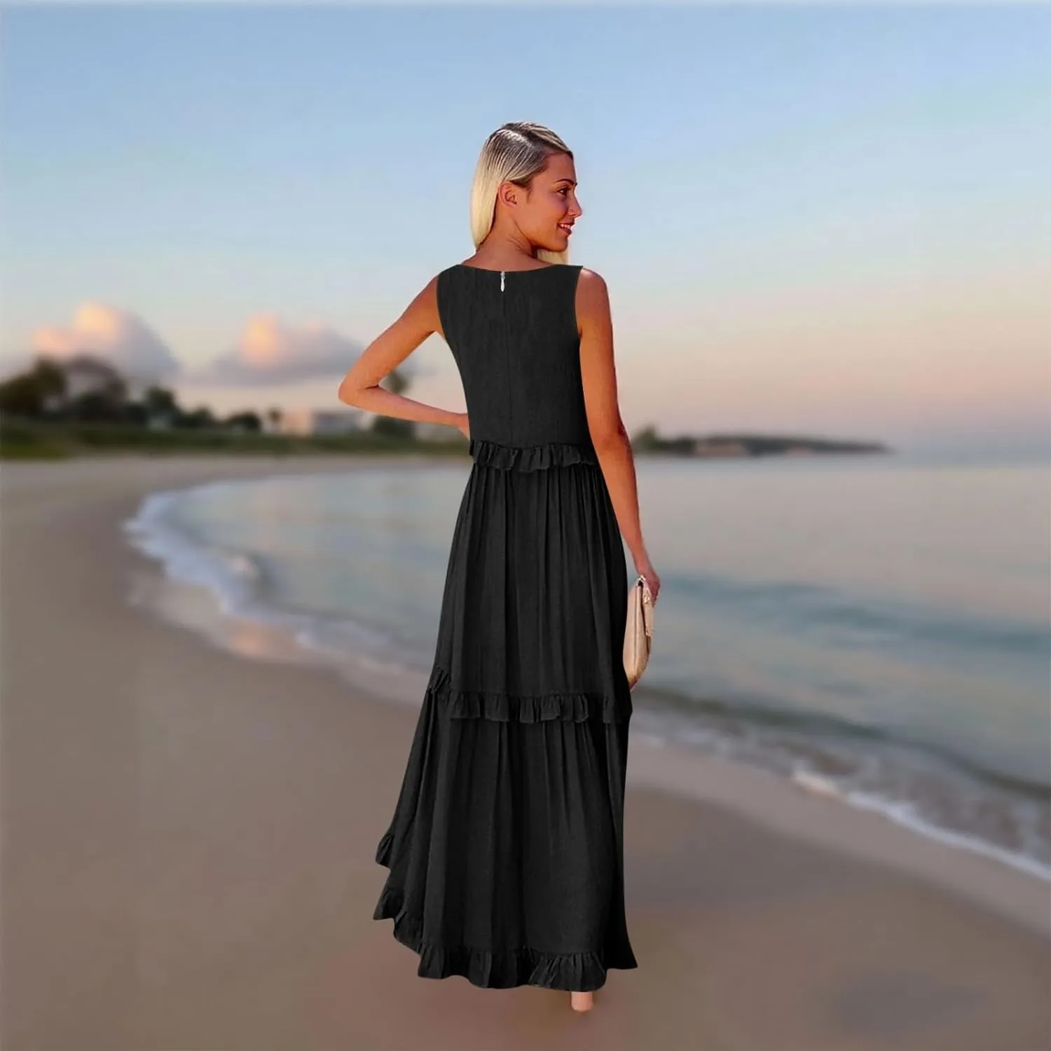 Summer Dresses for Women Casual 2025 V Neck Sleeveless Long Dress Fashion Patchwork Beach Vacation Maxi Dress