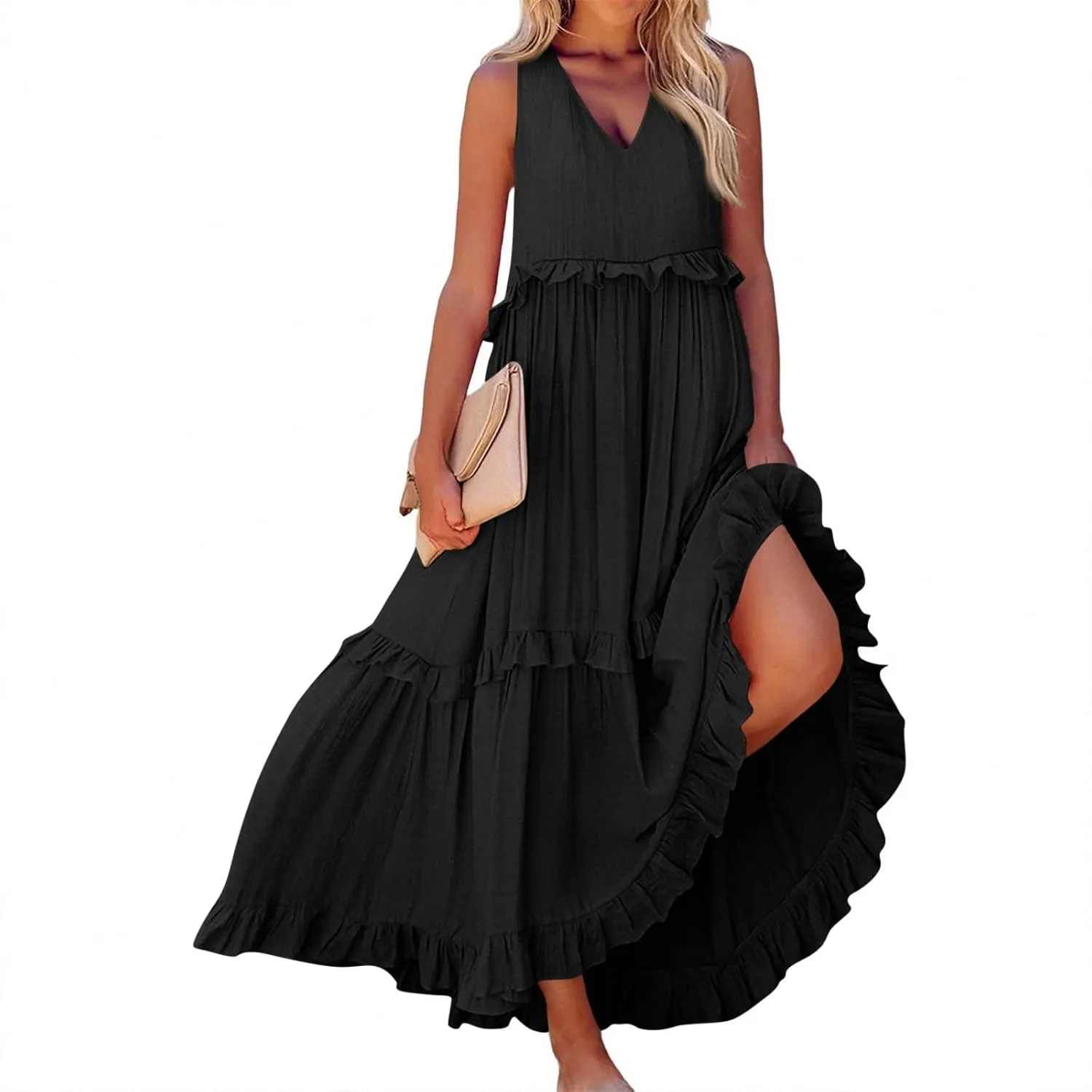 Summer Dresses for Women Casual 2025 V Neck Sleeveless Long Dress Fashion Patchwork Beach Vacation Maxi Dress
