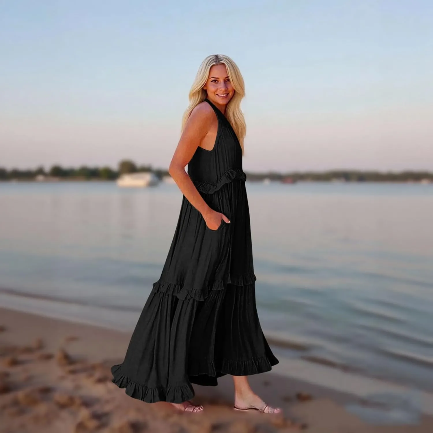 Summer Dresses for Women Casual 2025 V Neck Sleeveless Long Dress Fashion Patchwork Beach Vacation Maxi Dress