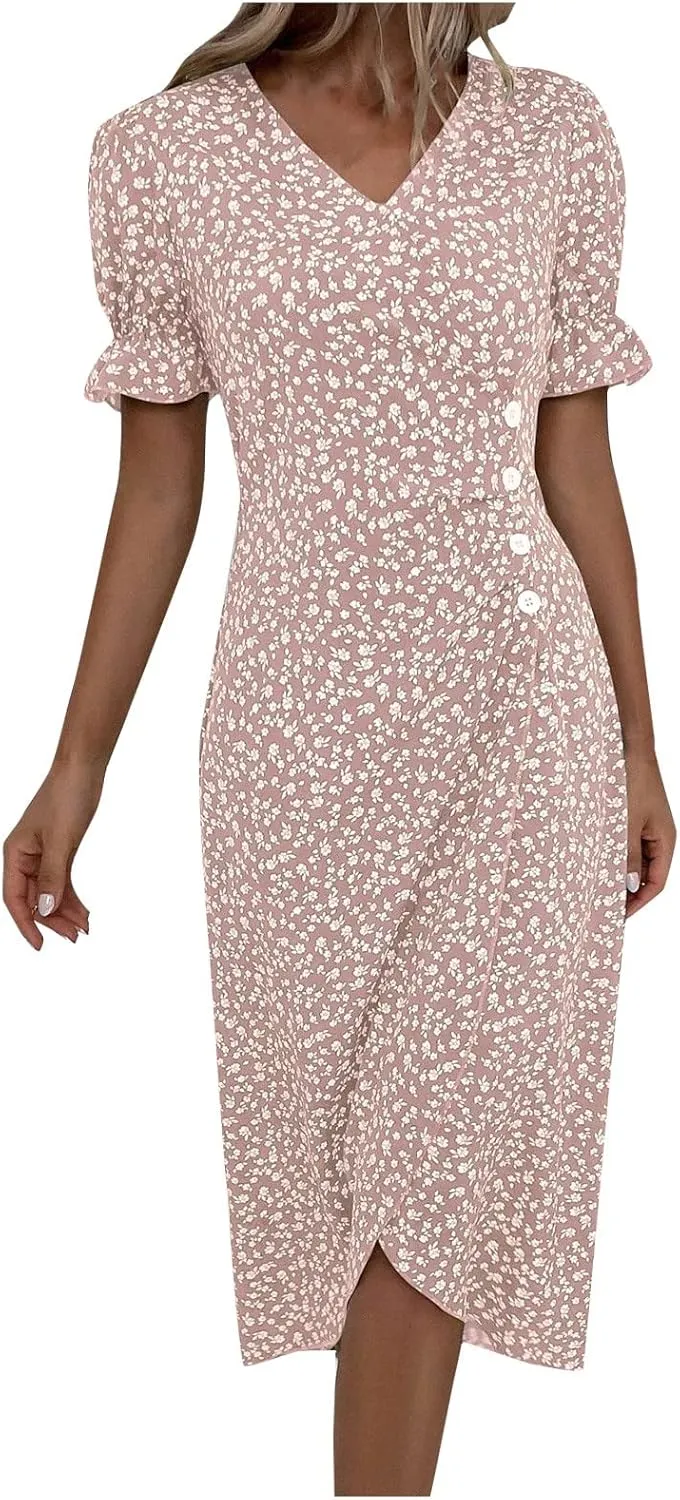 Summer Dresses for Women Trendy Wrap V Neck Puff Short Sleeve Floral Boho Dress Flowy Ruched Hawaiian Beach Midi Dersses