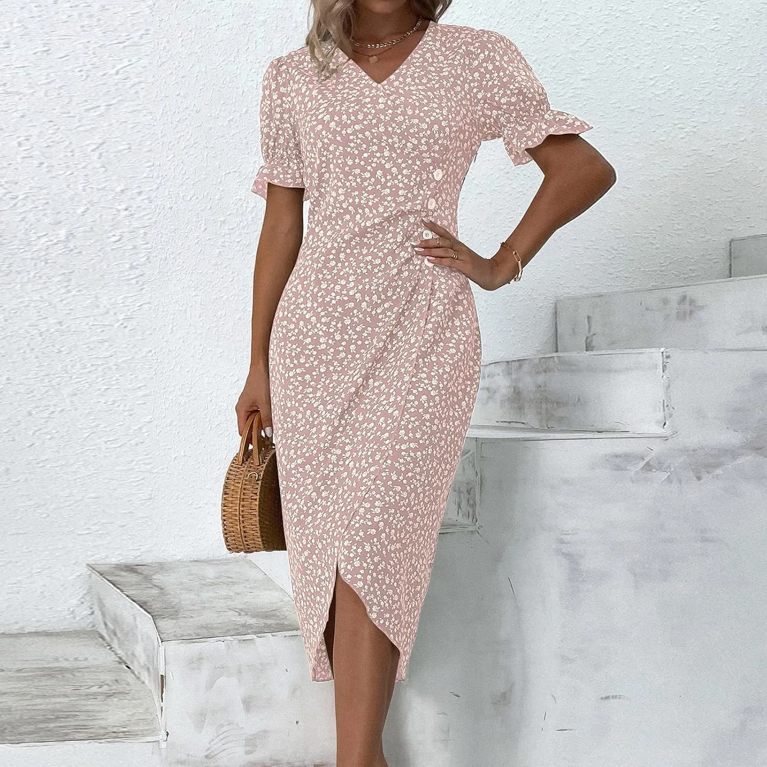 Summer Dresses for Women Trendy Wrap V Neck Puff Short Sleeve Floral Boho Dress Flowy Ruched Hawaiian Beach Midi Dersses