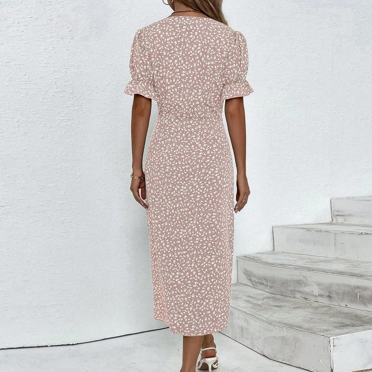 Summer Dresses for Women Trendy Wrap V Neck Puff Short Sleeve Floral Boho Dress Flowy Ruched Hawaiian Beach Midi Dersses