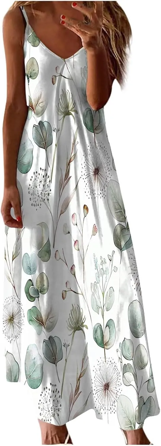 Summer Dresses for Women Vintage Elegant Floral Sexy Spaghetti Strap Sundresses Casual V Neck Long Maxi Dress 2025