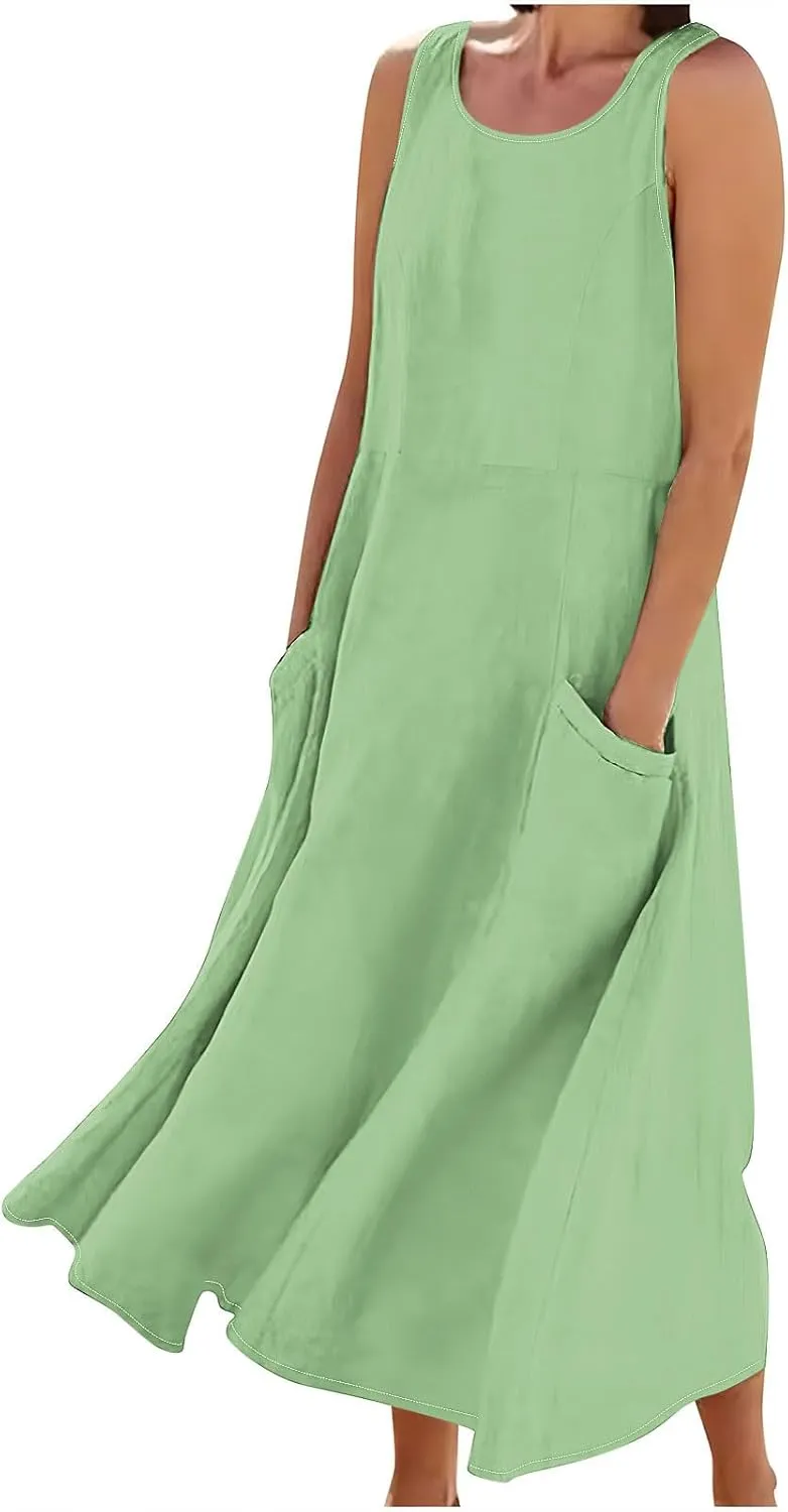 Summer Linen Dresses for Women Plus Size Flowy Vacation Maxi Dress with Pockets Resort Gauze Wear Spring Dresses 2025