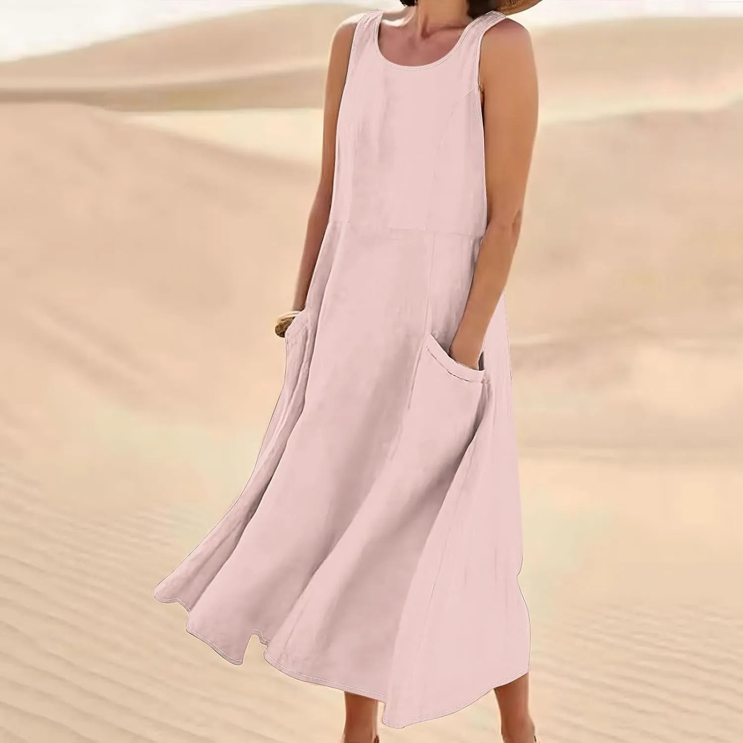 Summer Linen Dresses for Women Plus Size Flowy Vacation Maxi Dress with Pockets Resort Gauze Wear Spring Dresses 2025