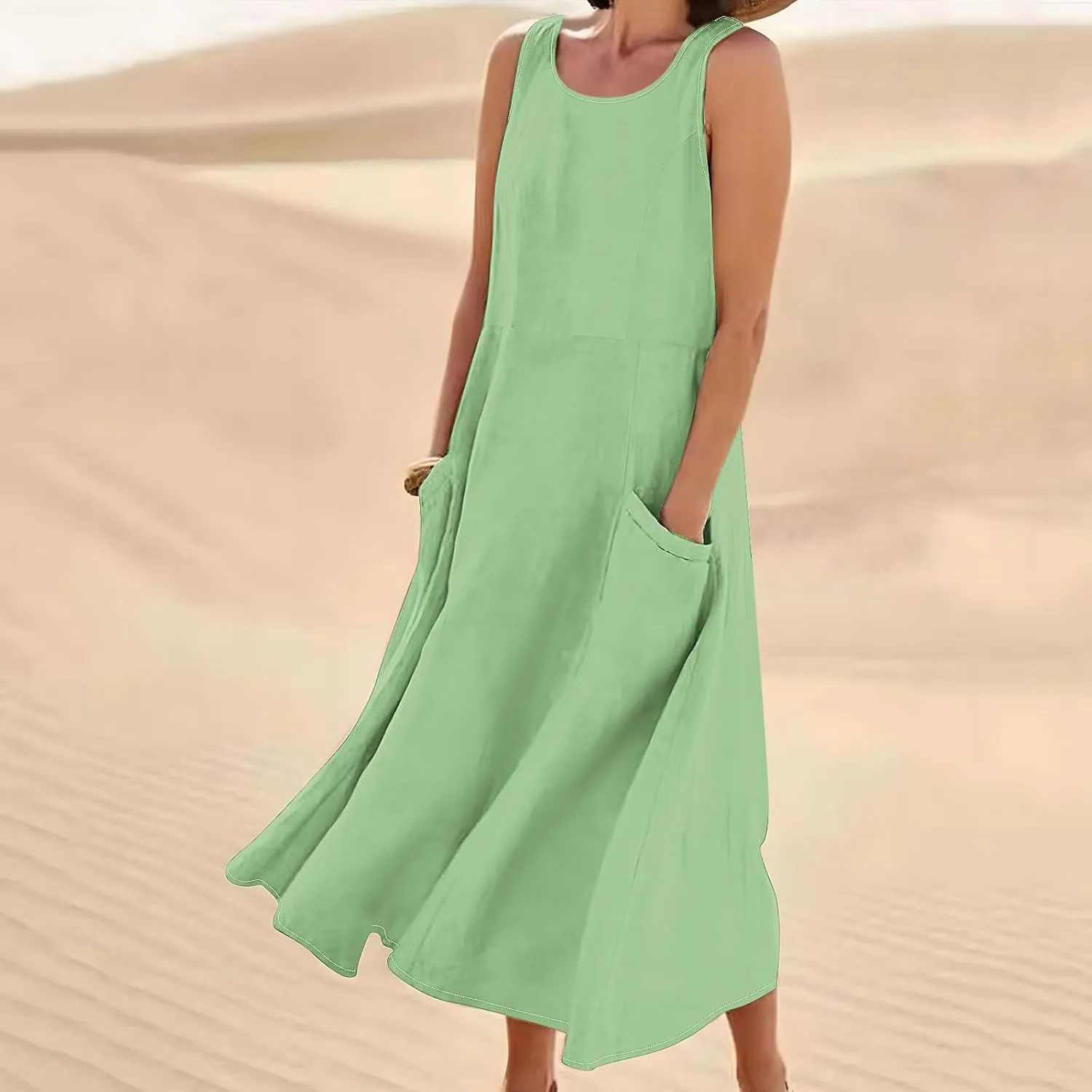 Summer Linen Dresses for Women Plus Size Flowy Vacation Maxi Dress with Pockets Resort Gauze Wear Spring Dresses 2025