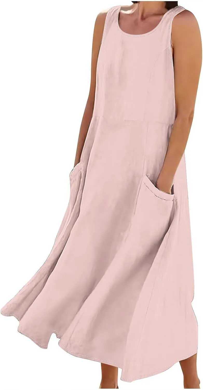 Summer Linen Dresses for Women Plus Size Flowy Vacation Maxi Dress with Pockets Resort Gauze Wear Spring Dresses 2025
