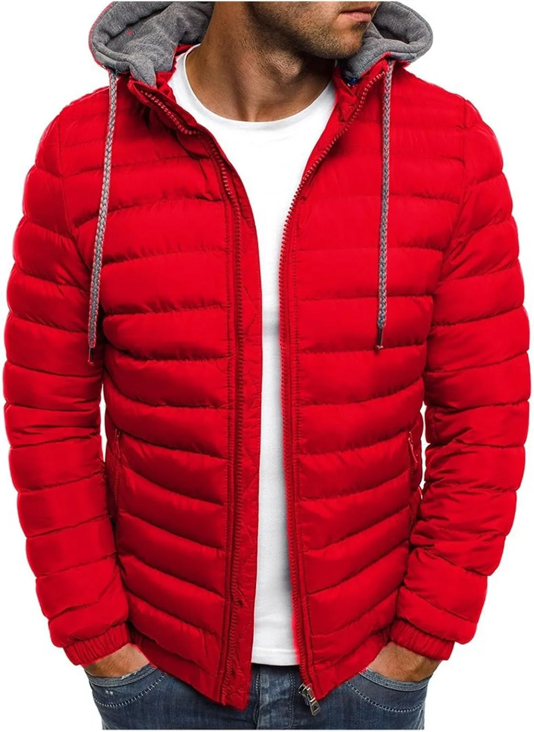 Thatrich Lightweight Puffer Jacket Men Hooded Puffy Jackets Warm Padded Coats Full Zip Quilted Shacket Outdoor Coat Outwears
