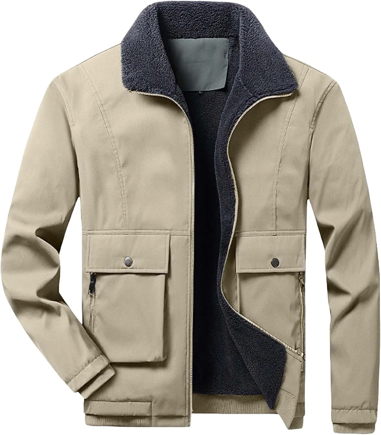Thatrich Sherpa Lined Jacket Men Lightweight Fleece Coat Oversized Casual Jackets Winter Trendy Coats Outwears with Pockets