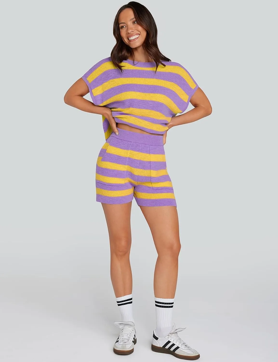 UEU Womens 2 Piece Outfits Lounge Sets Summer Striped Short Sleeve Top Shorts Matching Knit Oversized Pajama Sweater Set