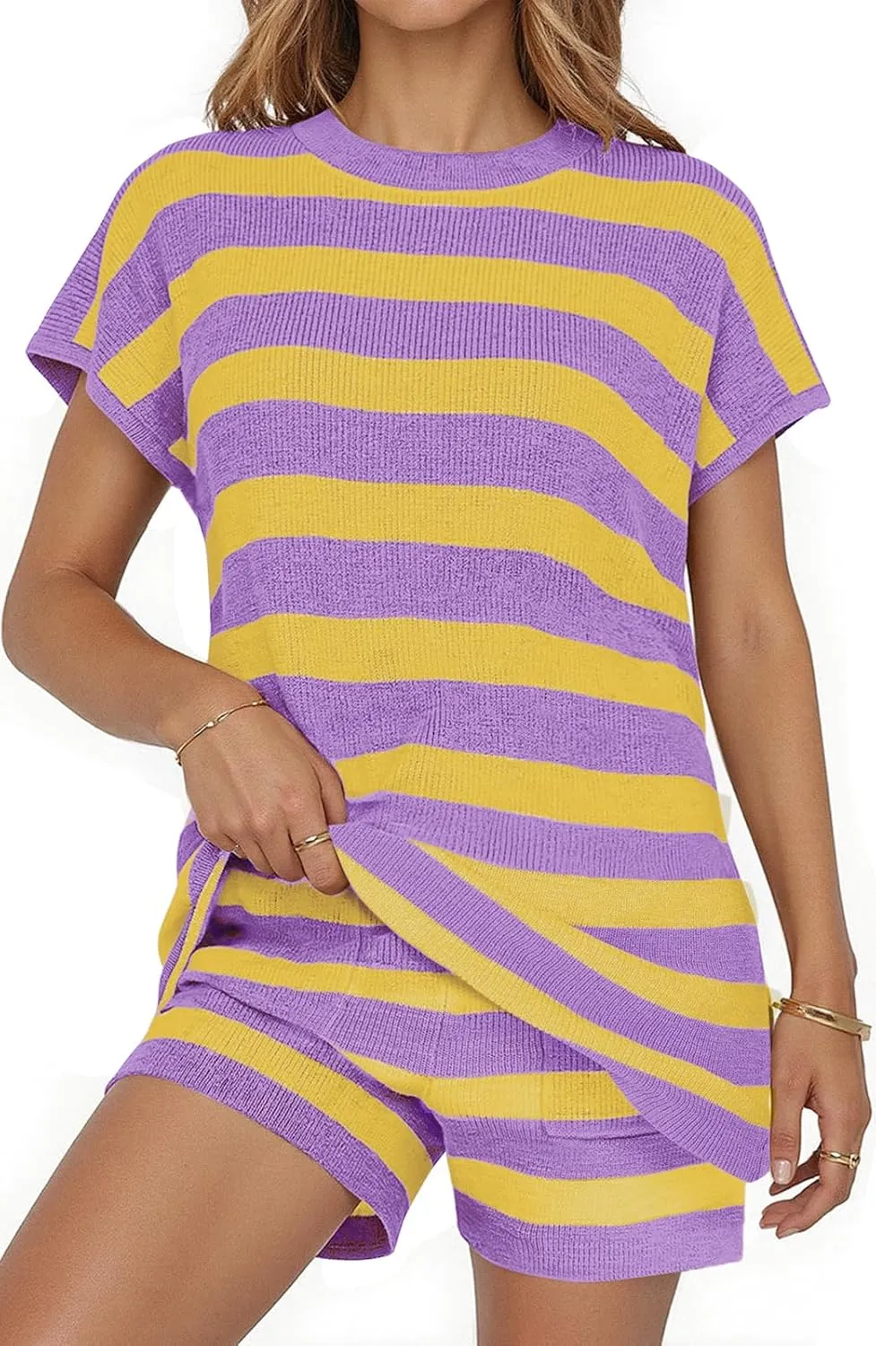 UEU Womens 2 Piece Outfits Lounge Sets Summer Striped Short Sleeve Top Shorts Matching Knit Oversized Pajama Sweater Set