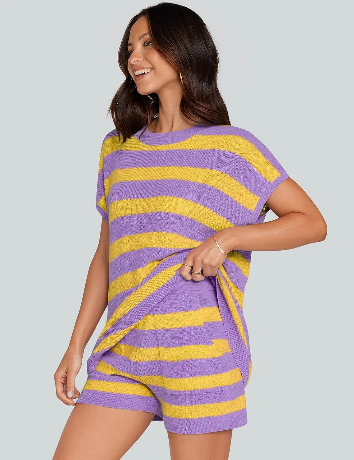 UEU Womens 2 Piece Outfits Lounge Sets Summer Striped Short Sleeve Top Shorts Matching Knit Oversized Pajama Sweater Set
