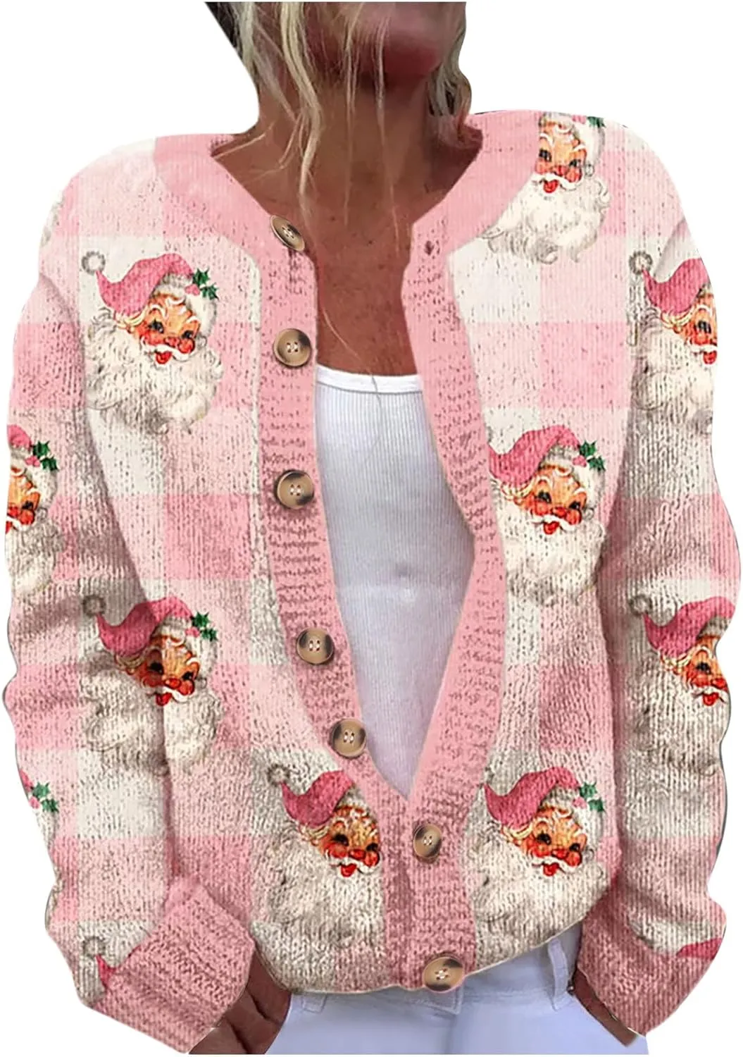 Ugly Christmas Cardigan Sweater for Women Oversized Knit Open Front Tops Xmas Print Button Down Cardigan