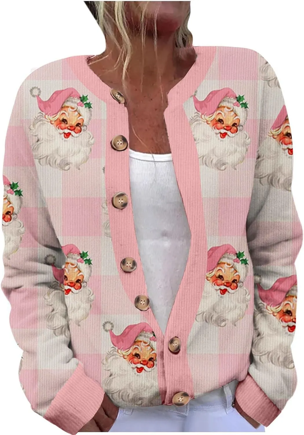 Ugly Christmas Cardigan Sweater for Women Oversized Knit Open Front Tops Xmas Print Button Down Cardigan