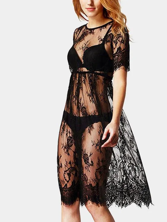 Wholesale Black Round Neck Short Sleeve Lace Midi Dress