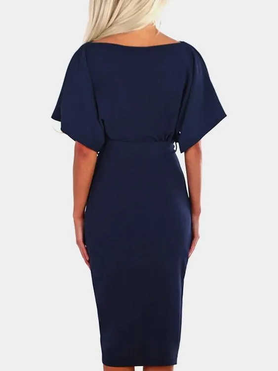 Wholesale Navy Round Neck Short Sleeve Belt Slit Hem Midi Dress