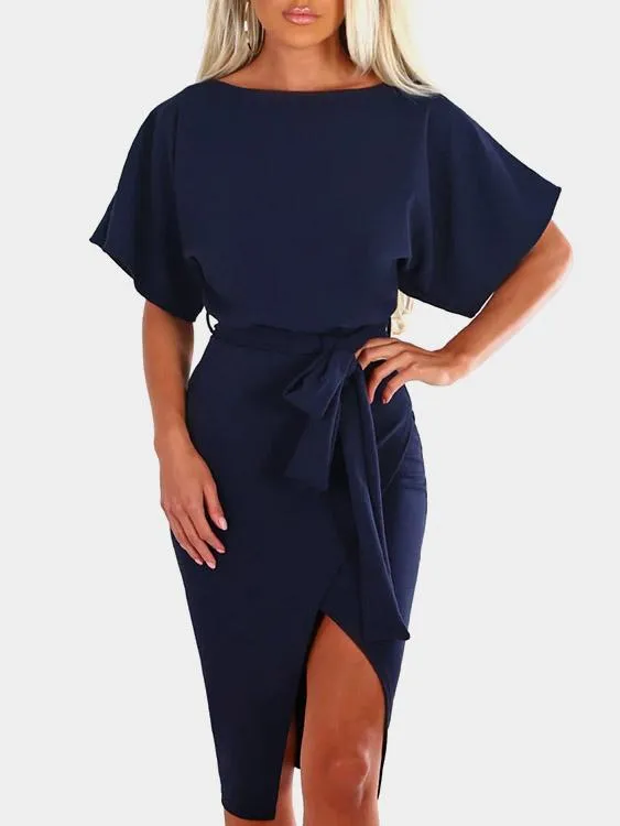 Wholesale Navy Round Neck Short Sleeve Belt Slit Hem Midi Dress