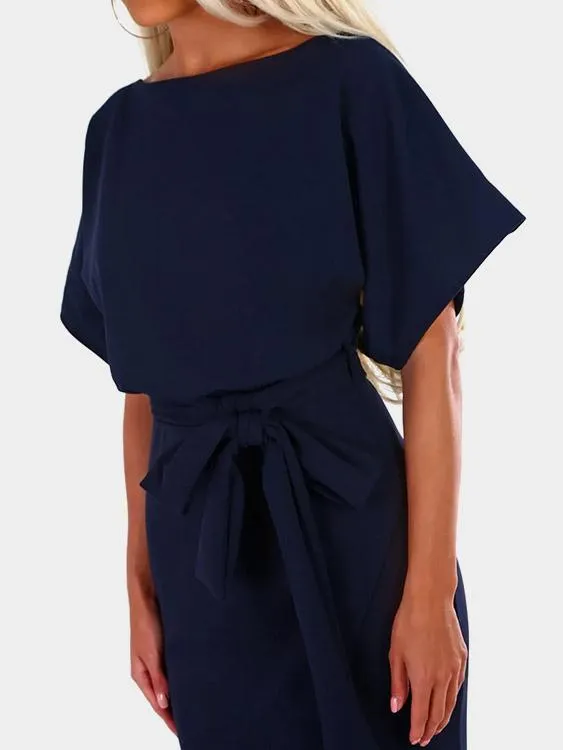 Wholesale Navy Round Neck Short Sleeve Belt Slit Hem Midi Dress
